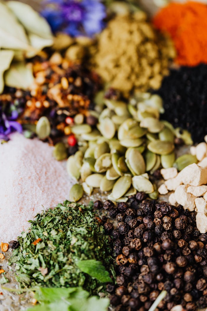 Vibrant assortment of spices and herbs, perfect for cooking inspiration and flavor exploration.